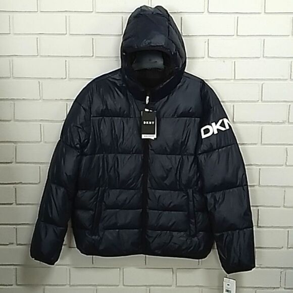 DKNY NWT Men's Blue Water/Wind Resistant Hooded Puffer Coat. Size Large. - Picture 1 of 14